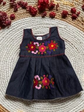 153. Authentic Mexican Embroidered Denim Dress - Small- Chiapanecos Artisanal